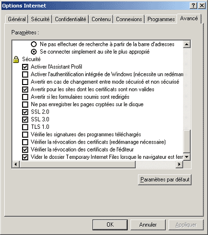 Options Internet avancées - Sécurité